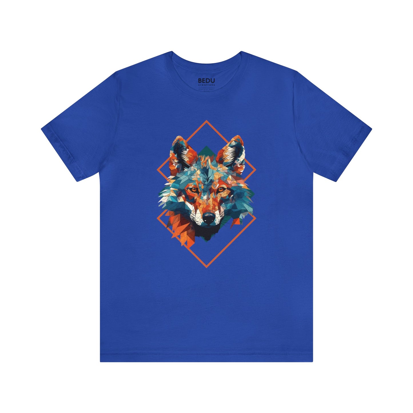 Majestic Geometric Wolf Head T-Shirt for Wolf Lovers with Turquoise, Orange, and Triangular Shapes