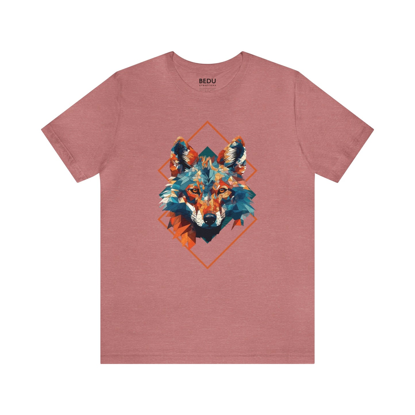 Majestic Geometric Wolf Head T-Shirt for Wolf Lovers with Turquoise, Orange, and Triangular Shapes