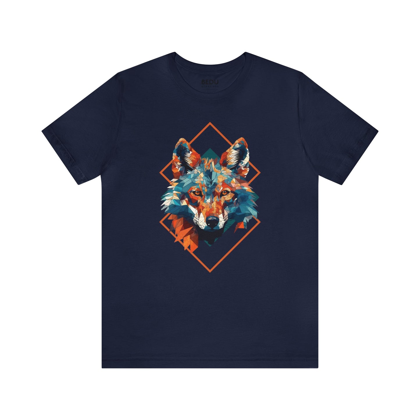 Majestic Geometric Wolf Head T-Shirt for Wolf Lovers with Turquoise, Orange, and Triangular Shapes