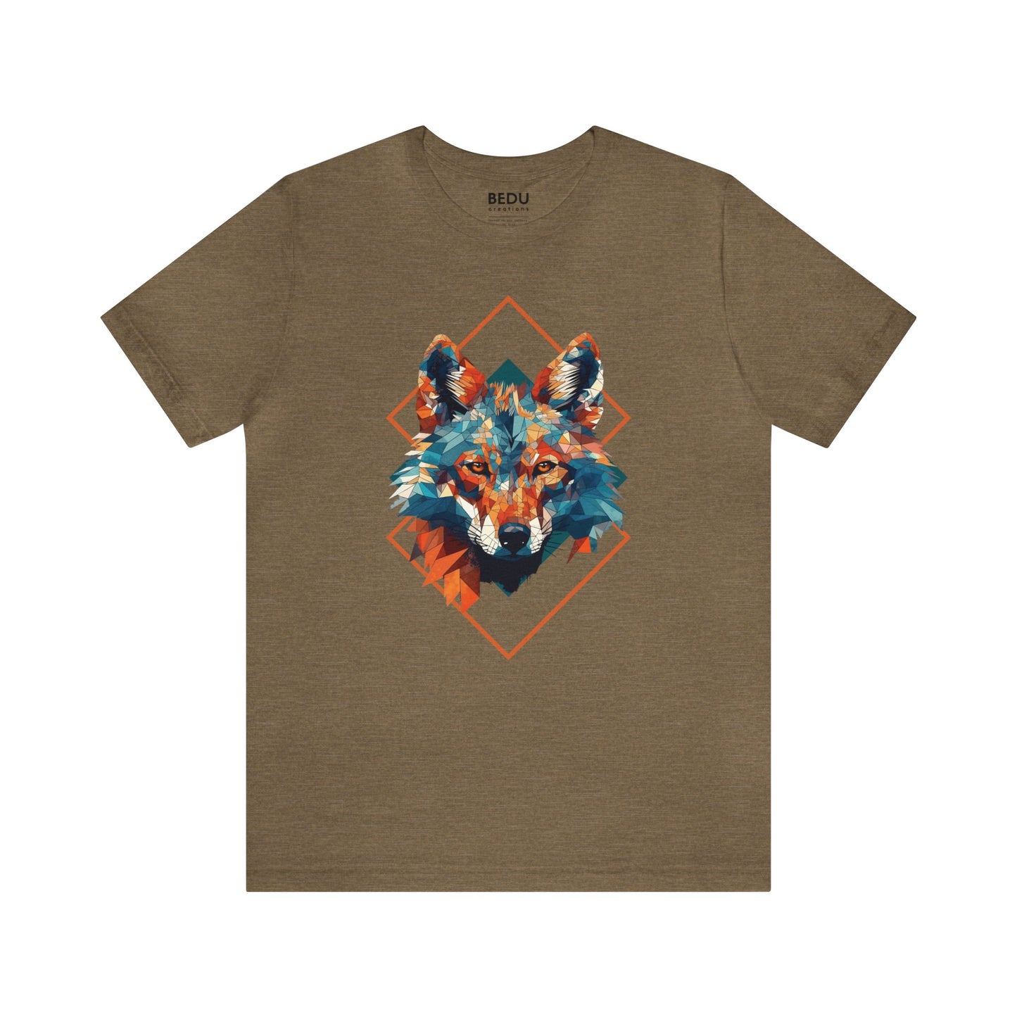 Majestic Geometric Wolf Head T-Shirt for Wolf Lovers with Turquoise, Orange, and Triangular Shapes