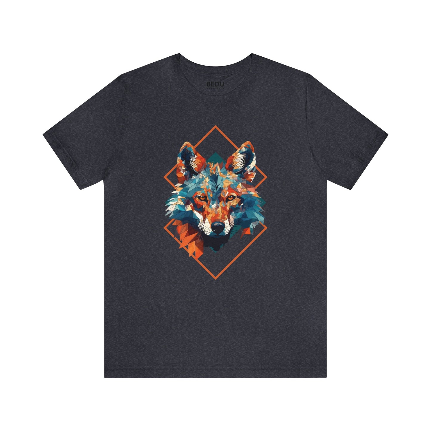 Majestic Geometric Wolf Head T-Shirt for Wolf Lovers with Turquoise, Orange, and Triangular Shapes