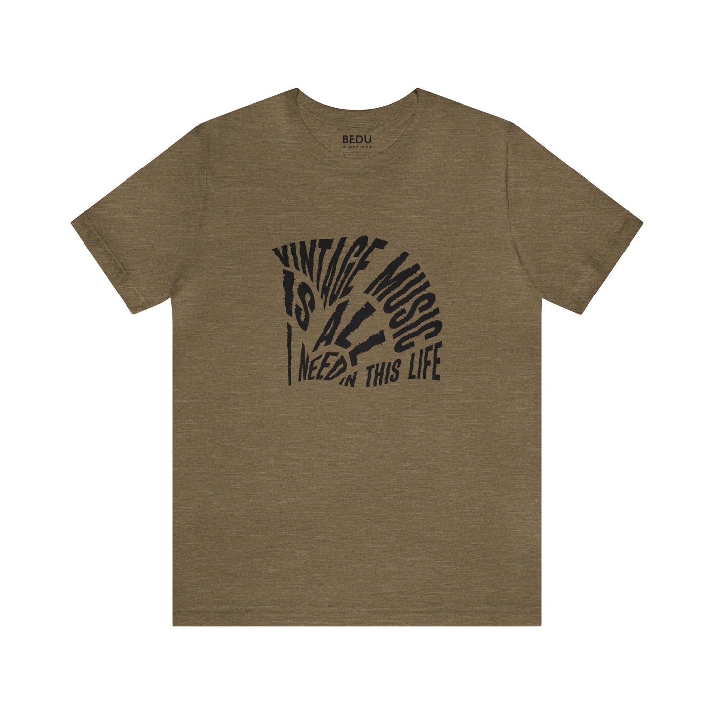 A brown t-shirt with black text "vintage music is all I need in this Life, AI genereted T-shit , AI clothing