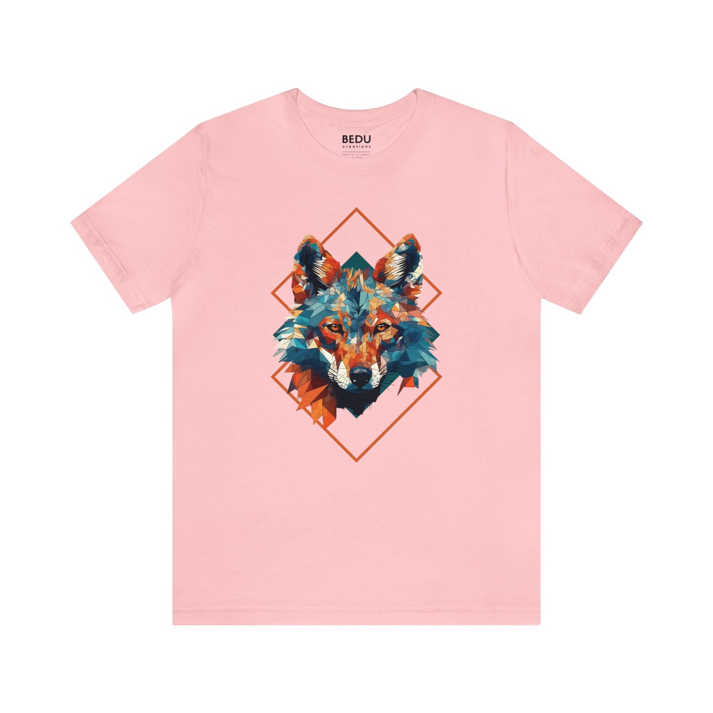 Majestic Geometric Wolf Head T-Shirt for Wolf Lovers with Turquoise, Orange, and Triangular Shapes