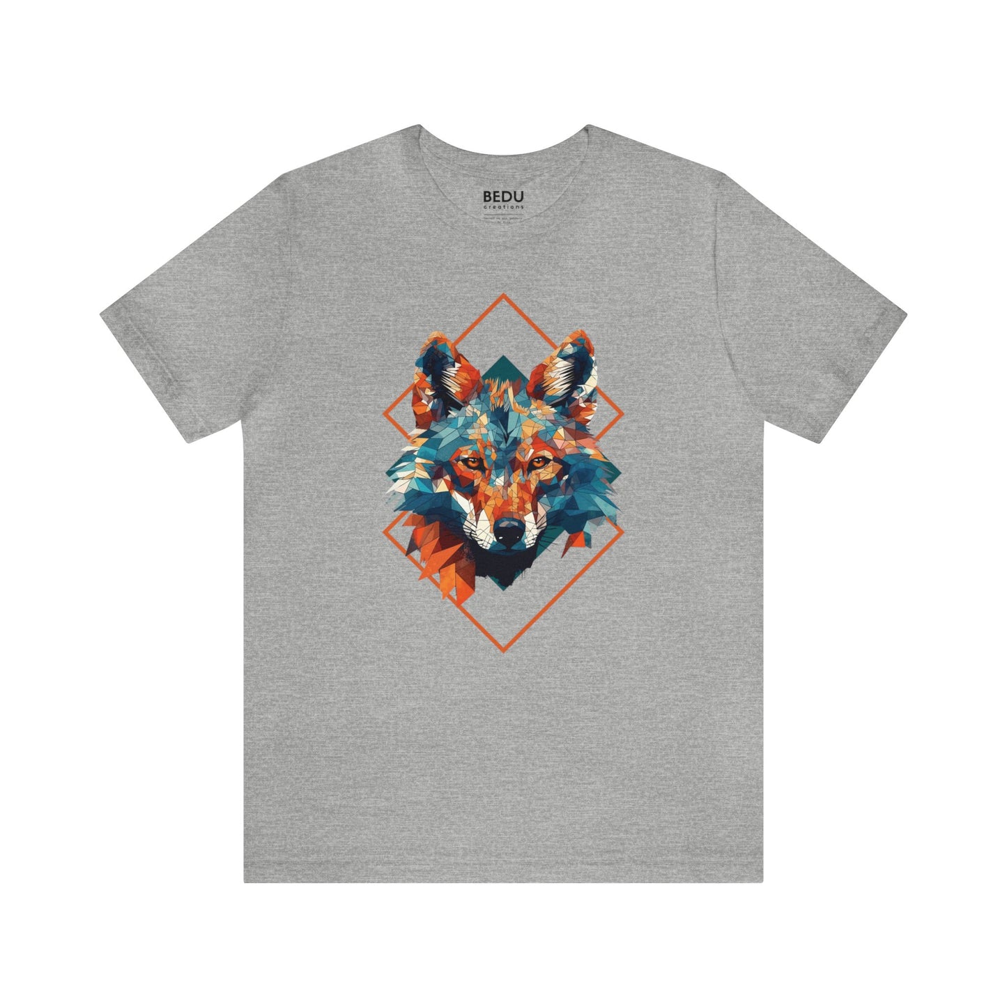 Majestic Geometric Wolf Head T-Shirt for Wolf Lovers with Turquoise, Orange, and Triangular Shapes