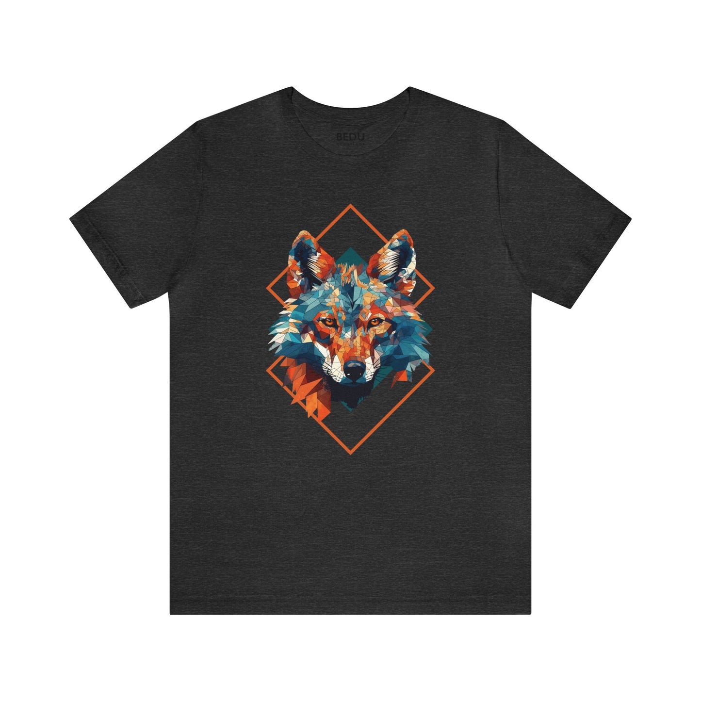 Majestic Geometric Wolf Head T-Shirt for Wolf Lovers with Turquoise, Orange, and Triangular Shapes