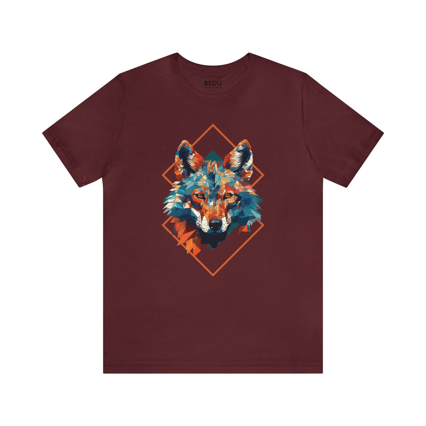 Majestic Geometric Wolf Head T-Shirt for Wolf Lovers with Turquoise, Orange, and Triangular Shapes
