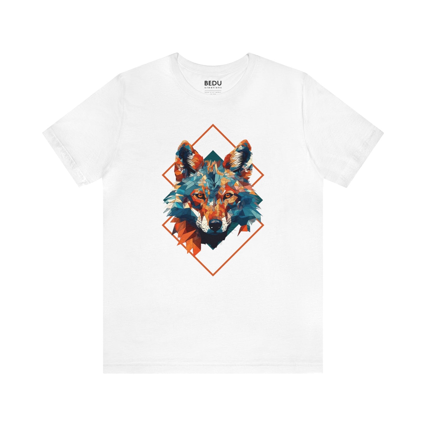 Majestic Geometric Wolf Head T-Shirt for Wolf Lovers with Turquoise, Orange, and Triangular Shapes