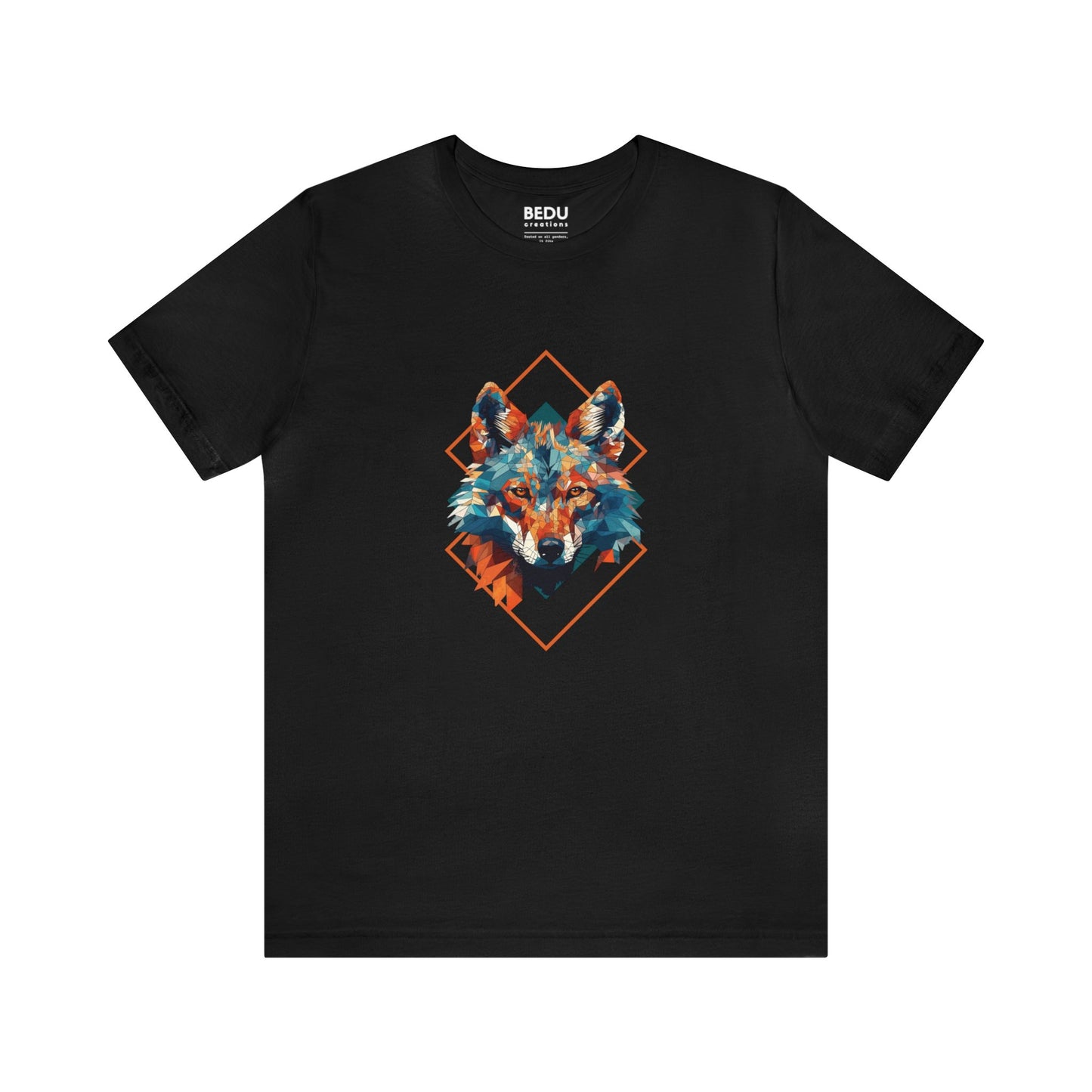 Majestic Geometric Wolf Head T-Shirt for Wolf Lovers with Turquoise, Orange, and Triangular Shapes