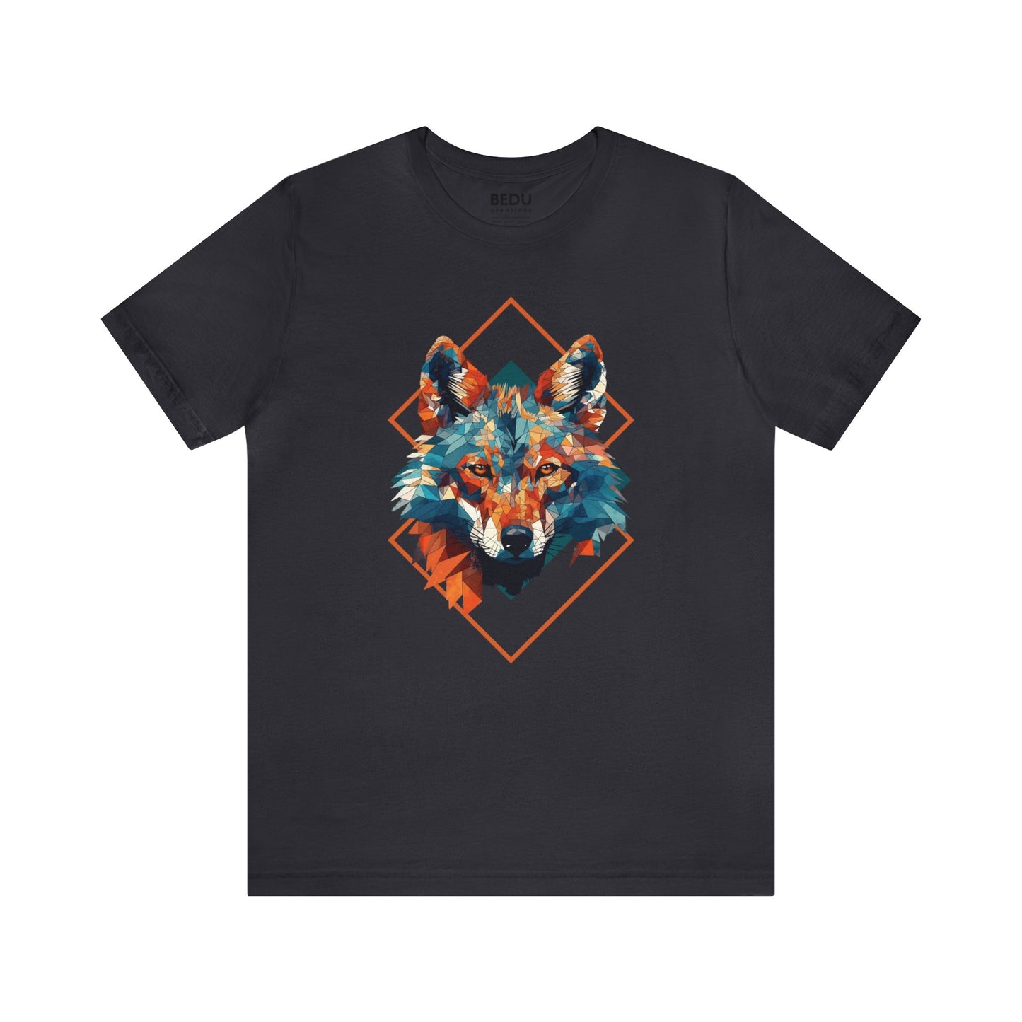 Majestic Geometric Wolf Head T-Shirt for Wolf Lovers with Turquoise, Orange, and Triangular Shapes