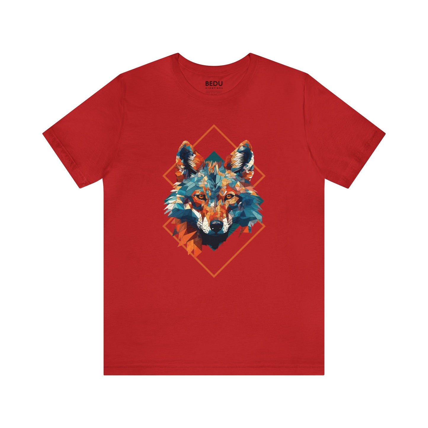 Majestic Geometric Wolf Head T-Shirt for Wolf Lovers with Turquoise, Orange, and Triangular Shapes