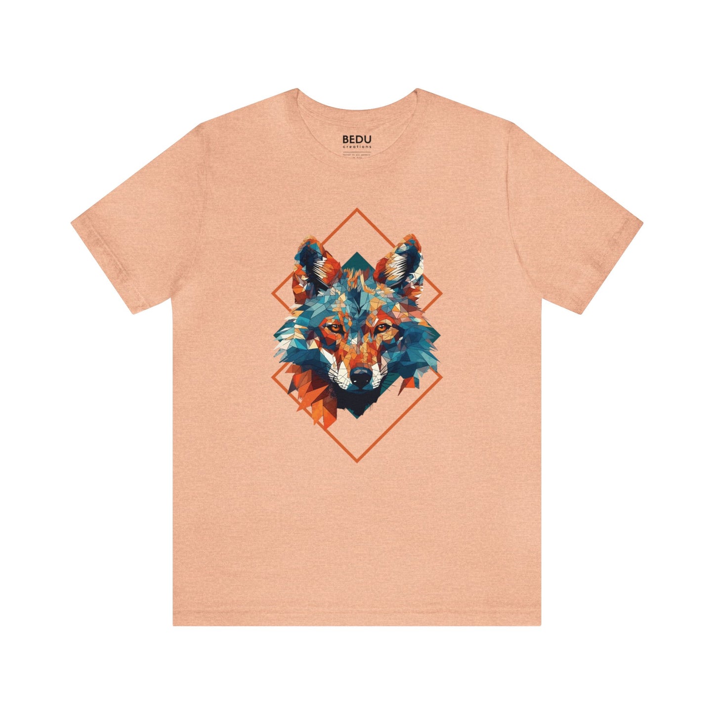 Majestic Geometric Wolf Head T-Shirt for Wolf Lovers with Turquoise, Orange, and Triangular Shapes