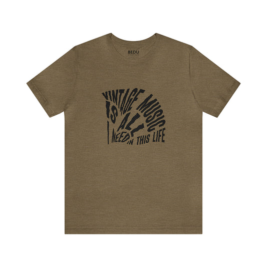 A brown t-shirt with black text "vintage music is all I need in this Life, AI genereted T-shit , AI  clothing